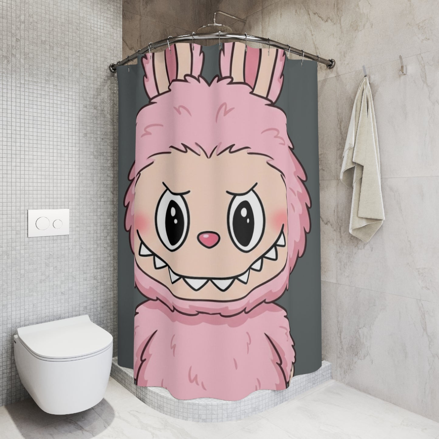 Pink Labubu Shower Curtain — Playful Kids Bathroom Decor