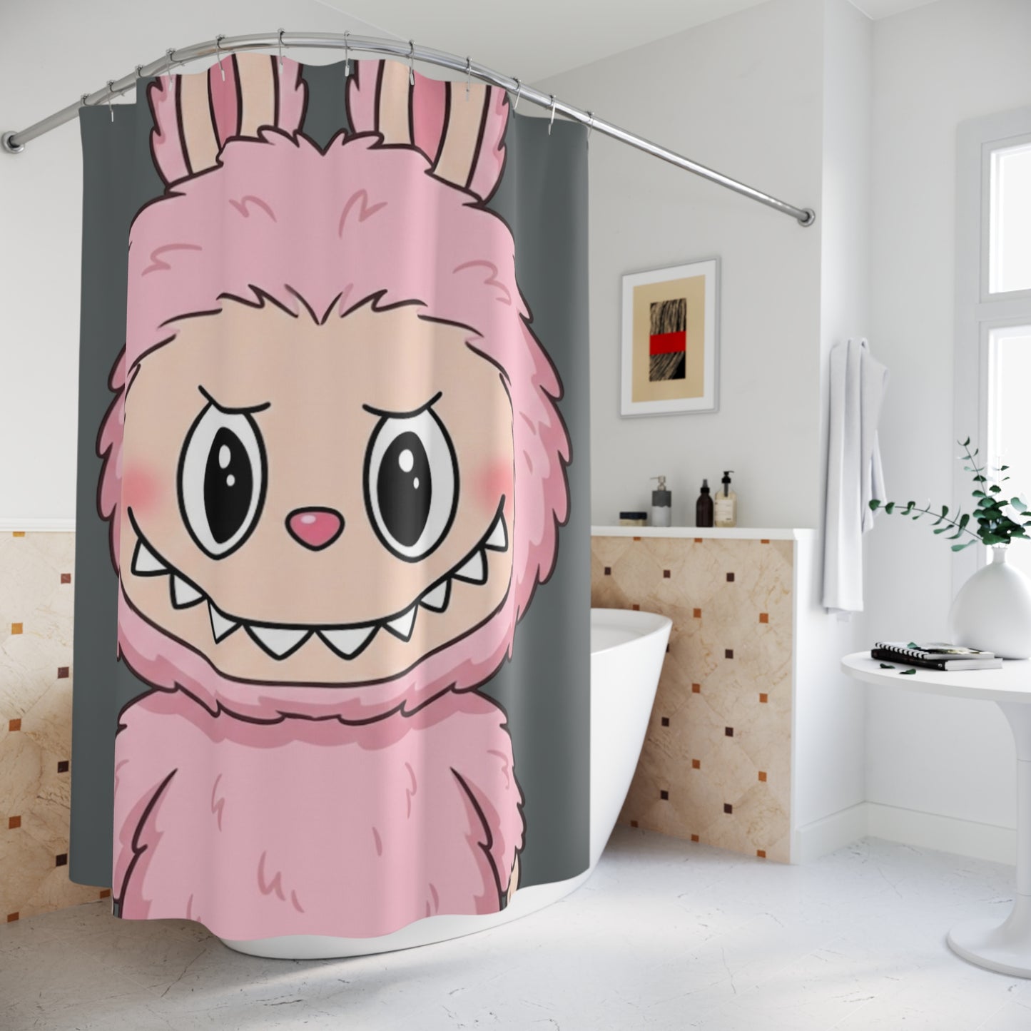 Pink Labubu Shower Curtain — Playful Kids Bathroom Decor