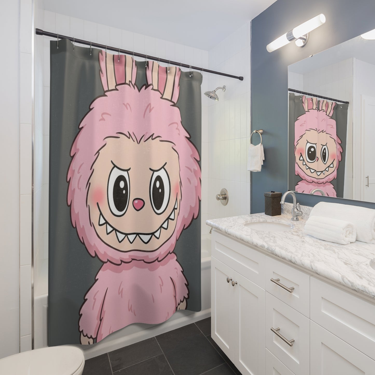 Pink Labubu Shower Curtain — Playful Kids Bathroom Decor